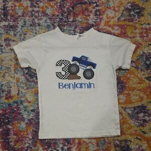 Bella Canvas White Kids Shirt with Blue Monster Truck Design